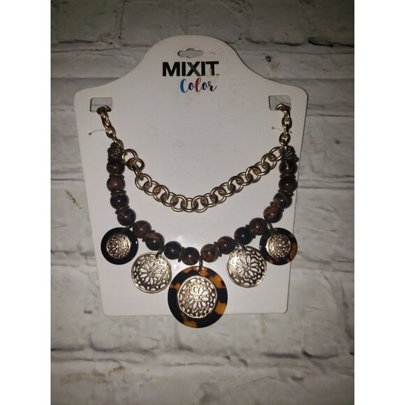 NEW Mixit Color Brown Bead & Gold Chain Medallion Statement Necklace - Picture 1 of 2